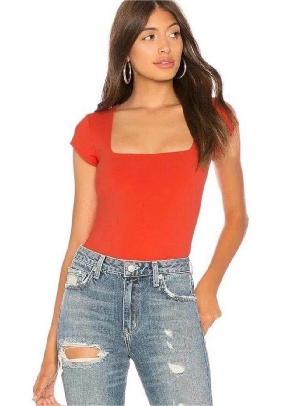 Free People Square Neck Short Sleeve Bodysuit in Bright Red/Coral
